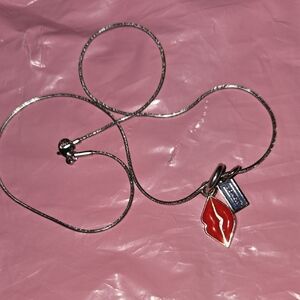 Coach Silver Pendant Red Lips Necklace 16" Chain EUC